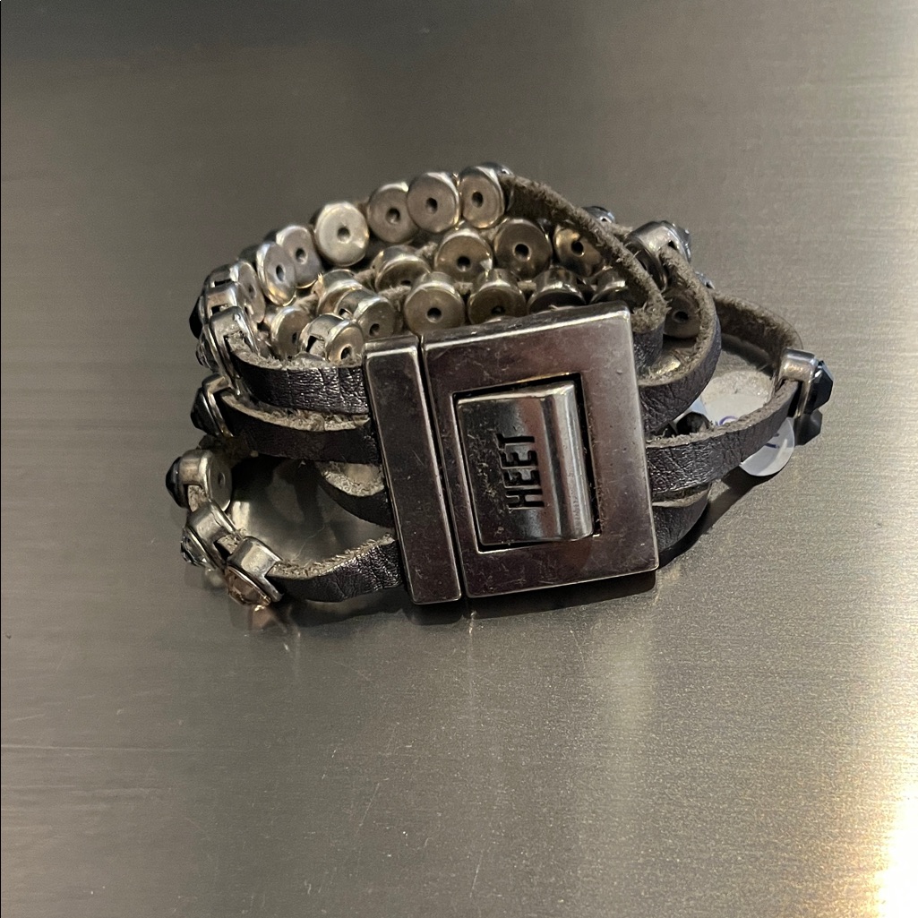Silver And Black Leather Bracelet